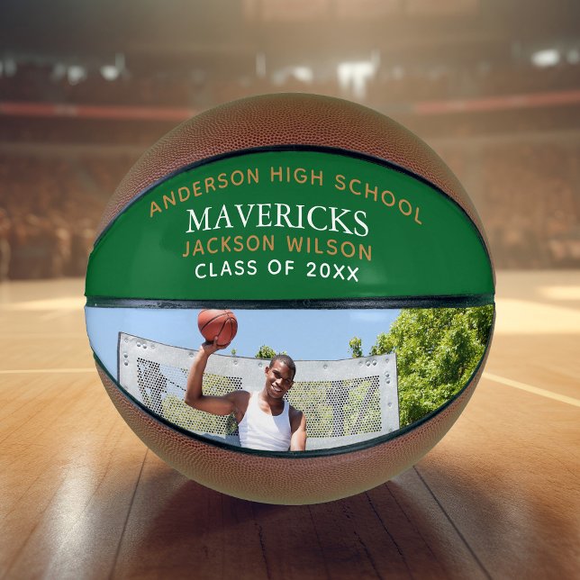 Green High School Senior Player Photo Personalised Basketball (Creator Uploaded)