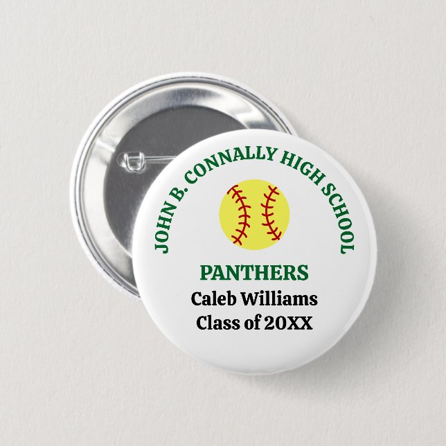 Green High School Softball Player Personalised 6 Cm Round Badge (Front & Back)