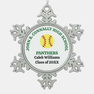Green High School Softball Player Personalised Snowflake Pewter Christmas Ornament