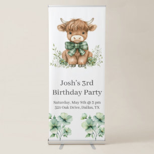 Green Highland Cow Birthday Party Retractable Banner