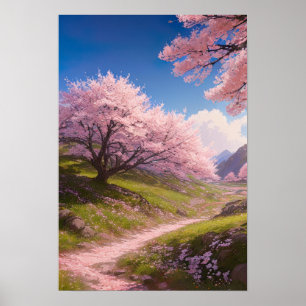 Green Hills and Cherry Blossom Path Poster