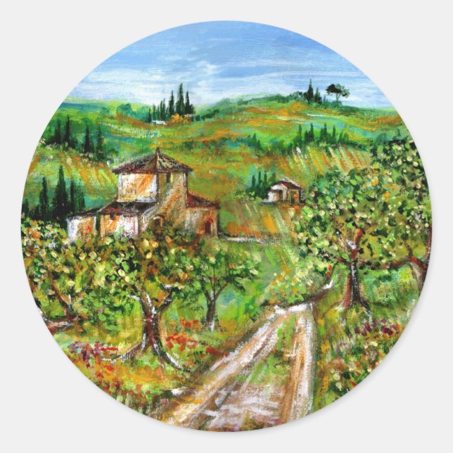 GREEN HILLS AND OLIVE TREES IN TUSCANY LANDSCAPE CLASSIC ROUND STICKER (Front)