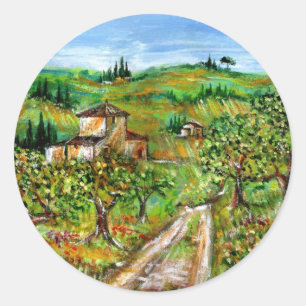GREEN HILLS AND OLIVE TREES IN TUSCANY LANDSCAPE CLASSIC ROUND STICKER