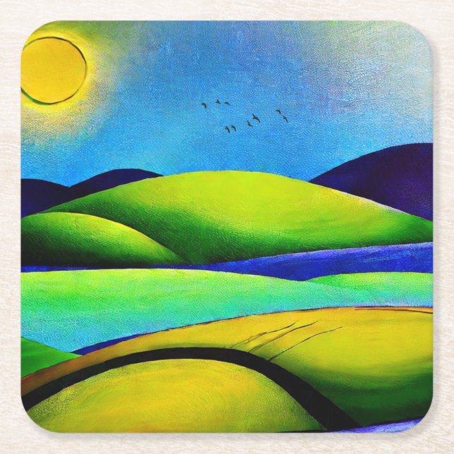 Green Hills Landscape Square Paper Coaster (Front)