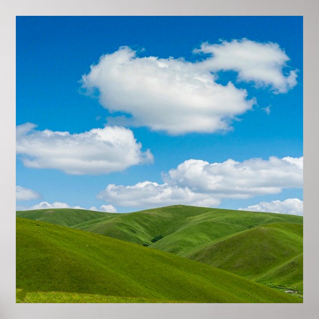 Green Hills with Blue Skies and White Clouds Poster (Front)