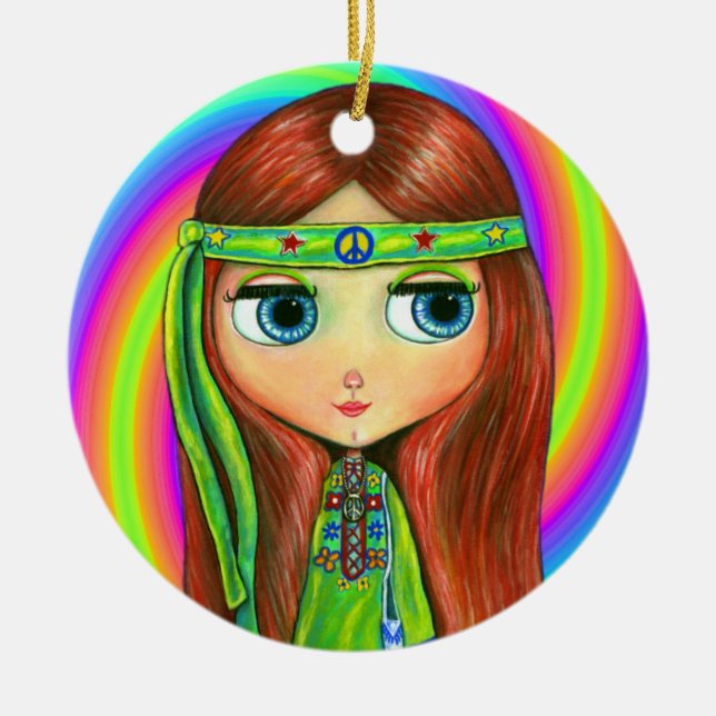 Green Hippie Doll Girl Peace Sign Headband Cute Ceramic Tree Decoration (Front)
