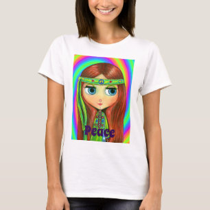 Green Hippie Doll Girl Peace Sign Headband Cute T-Shirt