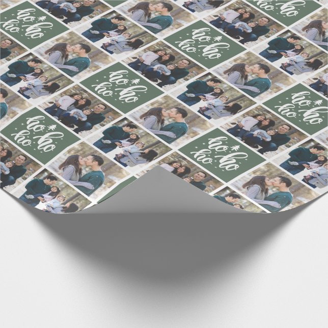 Green Ho Ho Ho Merry Christmas - 3 Photos Wrapping Paper (Corner)