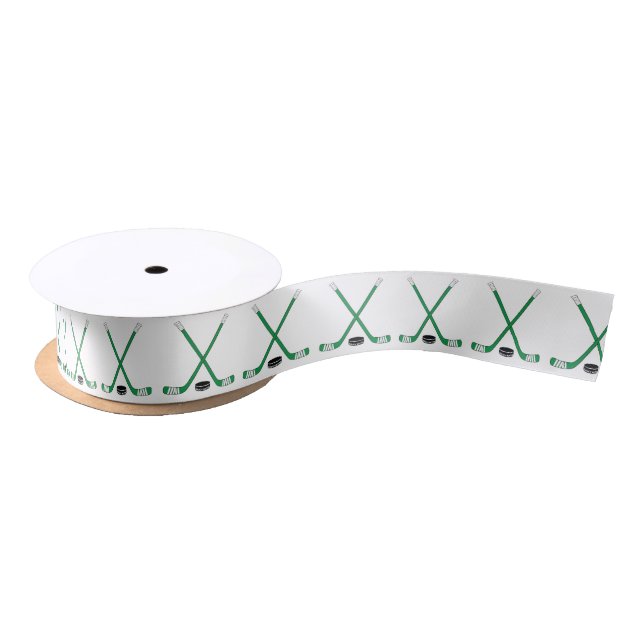 Green Hockey Sticks and Puck Satin Ribbon (Spool)