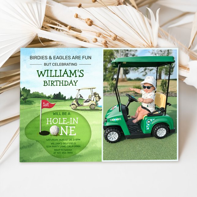 Green Hole-In-One Golf 1st Birthday Par-tee Photo Invitation (Creator Uploaded)