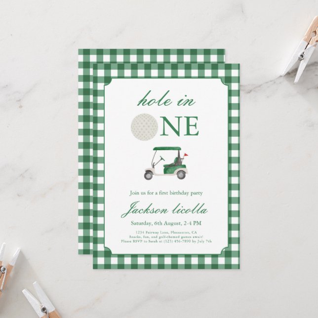 Green Hole in One Golf Birthday Invitation (Front/Back In Situ)