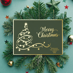 Green Holiday Card Gold Christmas Tree Photo