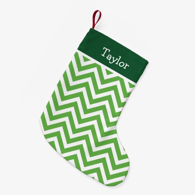 Green Holiday Chevron Monogram Small Christmas Stocking (Front (Hanging))