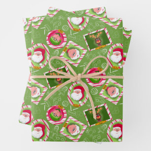 Green Holiday Cute Santa's Helpers & Toys Wrapping Paper Sheet