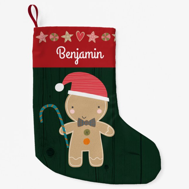 Green Holiday Gingerbread Boy Name Rustic Cute Small Christmas Stocking (Front)