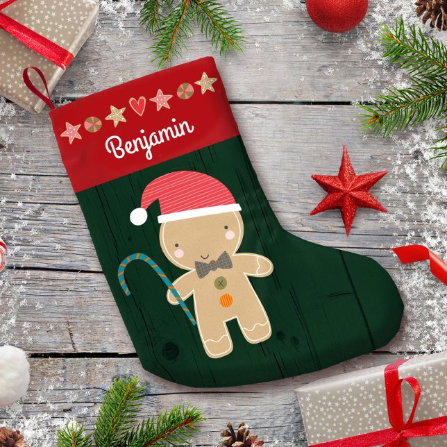 Green Holiday Gingerbread Boy Name Rustic Cute Small Christmas Stocking (Creator Uploaded)