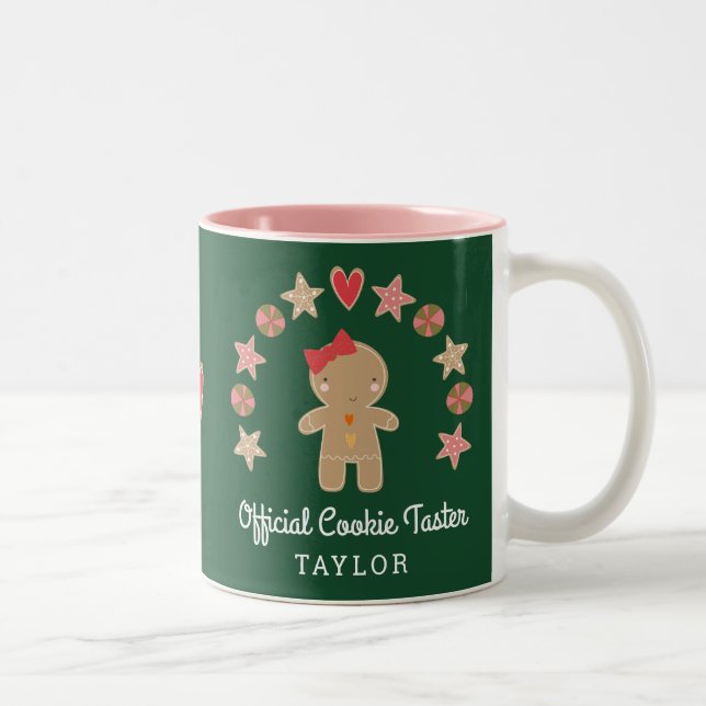 Green Holiday Gingerbread Official Cookie Taster Two-Tone Coffee Mug (Right)