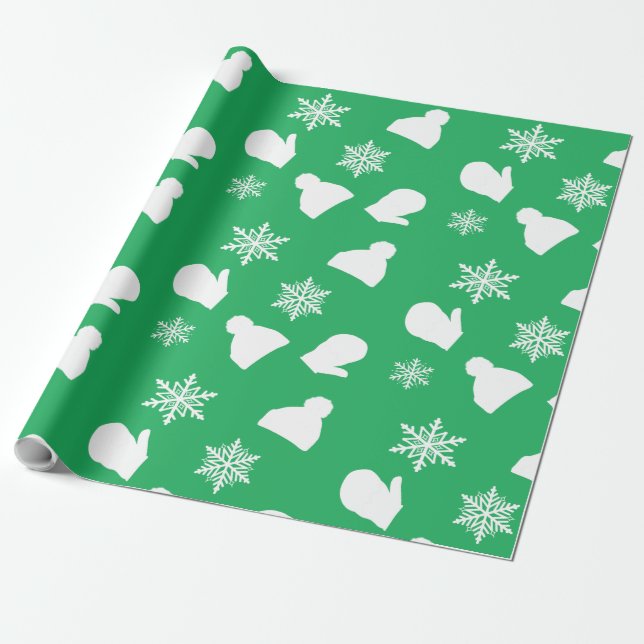 Green Holiday Mittens and Christmas Hats Wrapping Paper (Unrolled)