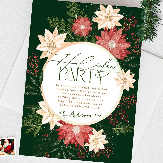 Green Holiday Party Poinsettia Wreath Splendour Invitation (Creator Uploaded)