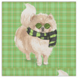 Green Holiday Plaid and Pomeranian Dog Christmas Fabric