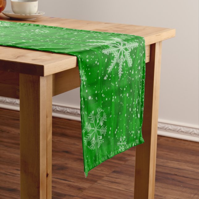 Green Holiday Snowflakes Short Table Runner (In Situ)