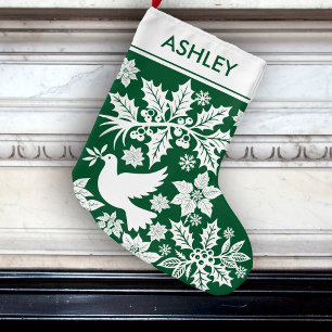 Green Holiday Toile Dove Holly and Poinsettia  Large Christmas Stocking