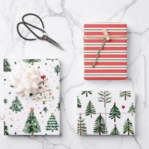 Green Holiday Tree Patterns with Red Stripes Wrapping Paper Sheet