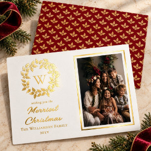 Green Holly and Berries Merriest Christmas Foil Holiday Card