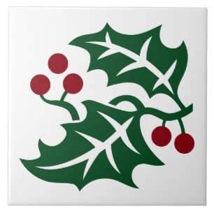 Green Holly and Red Berries Christmas Design Tile