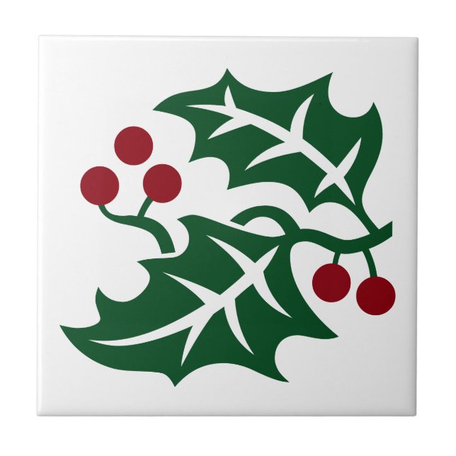 Green Holly and Red Berries Christmas Design Tile (Front)