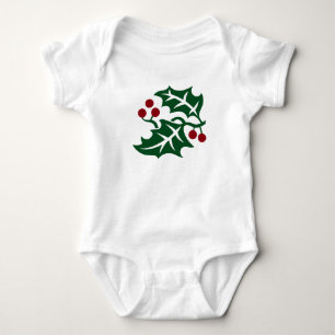 Green Holly and Red Berries Christmas Holiday Baby Bodysuit