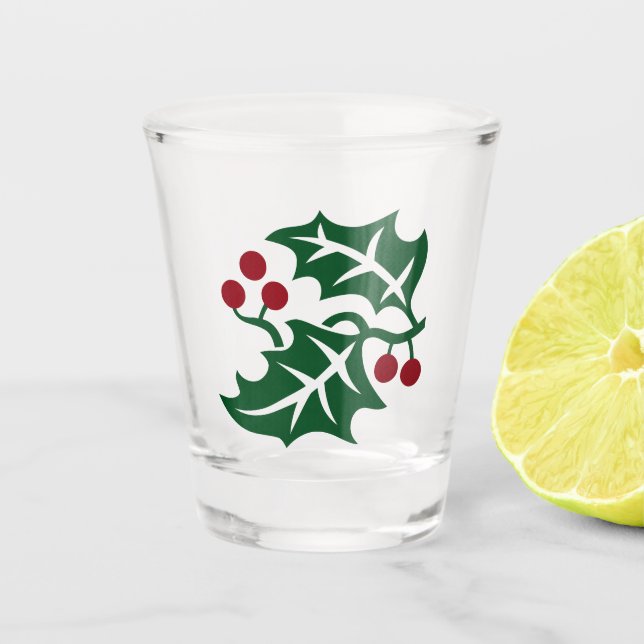 Green Holly and Red Berries Christmas Holiday Shot Glass (Front)