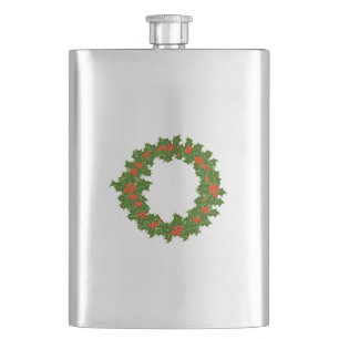 Green Holly and Red Berries Christmas Wreath Hip Flask