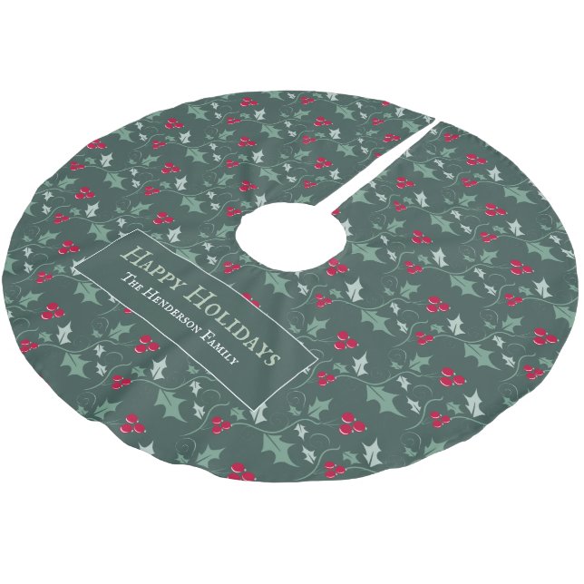 Green holly and red berries foliage pattern custom brushed polyester tree skirt (Angled)