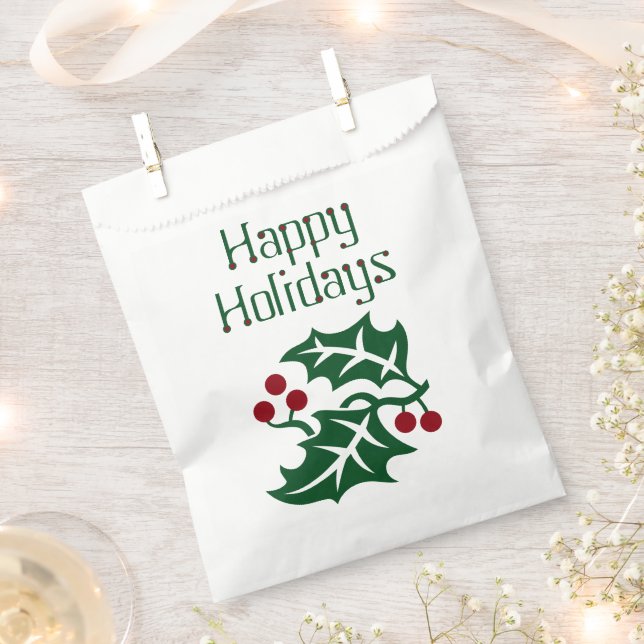 Green Holly and Red Berries Happy Holidays 50 Favour Bags (Clipped)