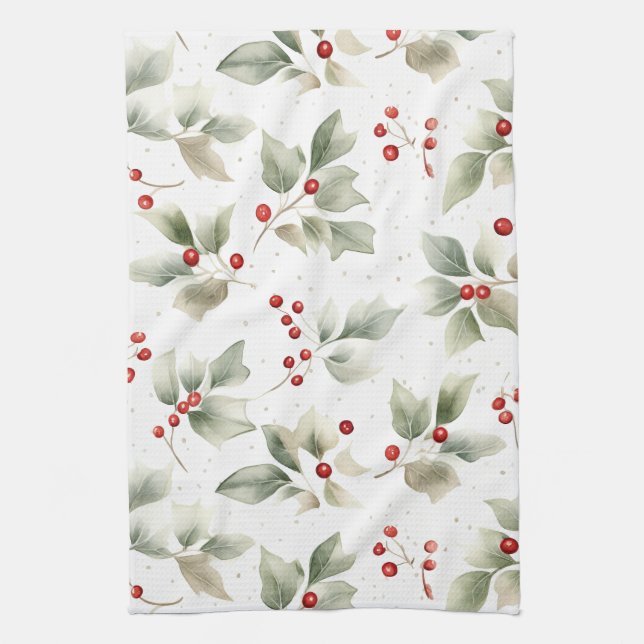 Green Holly and Red Berries Pattern Tea Towel (Vertical)
