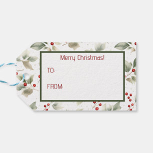 Green Holly and Red Berries Watercolor Gift Tags