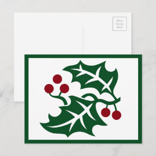 Green Holly and Red Berries Winter Holiday Postcard