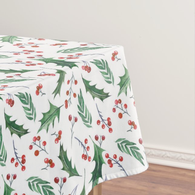 Green Holly and Red Berry Christmas Pattern Tablecloth (In Situ)