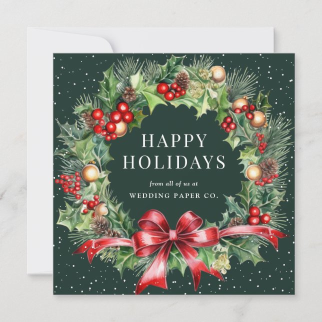 Green Holly Berries Botanical Wreath Business Holiday Card (Front)