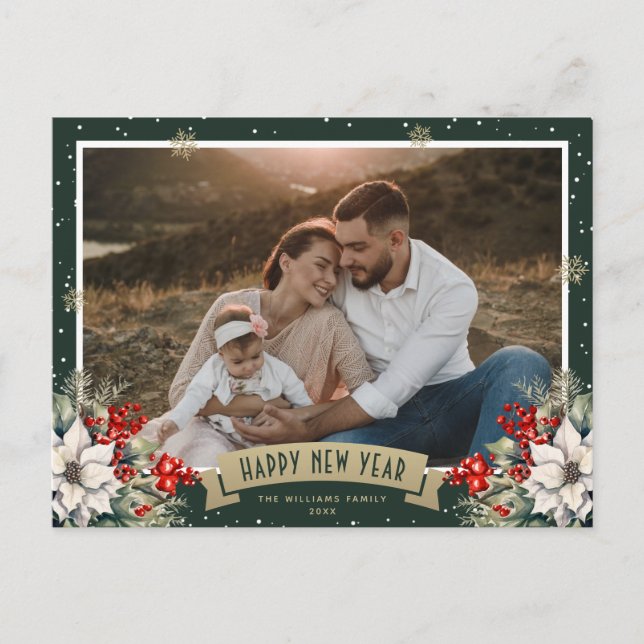 Green Holly Berries Poinsettia Photo New Year Holiday Postcard (Front)