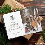 Green Holly Berry Bouquet Christmas Photo Flat Holiday Card<br><div class="desc">This photo Christmas flat card features elegant and romantic swirly calligraphy lettering with a winter holly berry bouquet and a Christmas tree pattern on the back. For more advanced customisation of this design,  please click the BLUE DESIGN TOOL BUTTON above!</div>