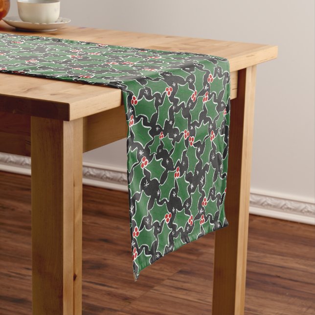 Green Holly botanical Modern Red Christmas Short Table Runner (In Situ)