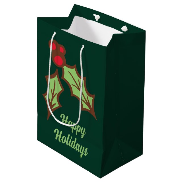 Green Holly Christmas Holiday Gift Bag (Front Angled)