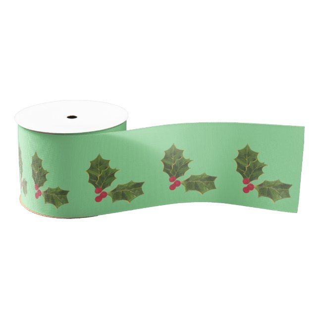 Green Holly Christmas Satin Ribbon - Festive Holid Grosgrain Ribbon (Spool)