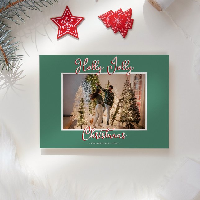Green Holly Jolly Christmas Photo and Letter Holiday Card (Creator Uploaded)
