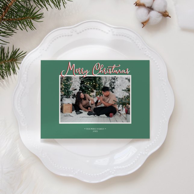Green Holly Jolly Merry Christmas Photo and Letter Holiday Card (Creator Uploaded)