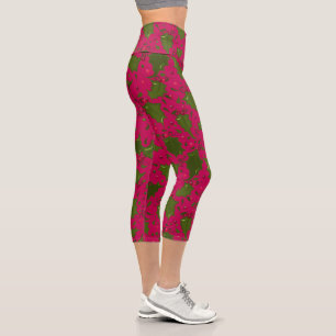 Green Holly Leaves on Pink Holiday Cute Capri Leggings