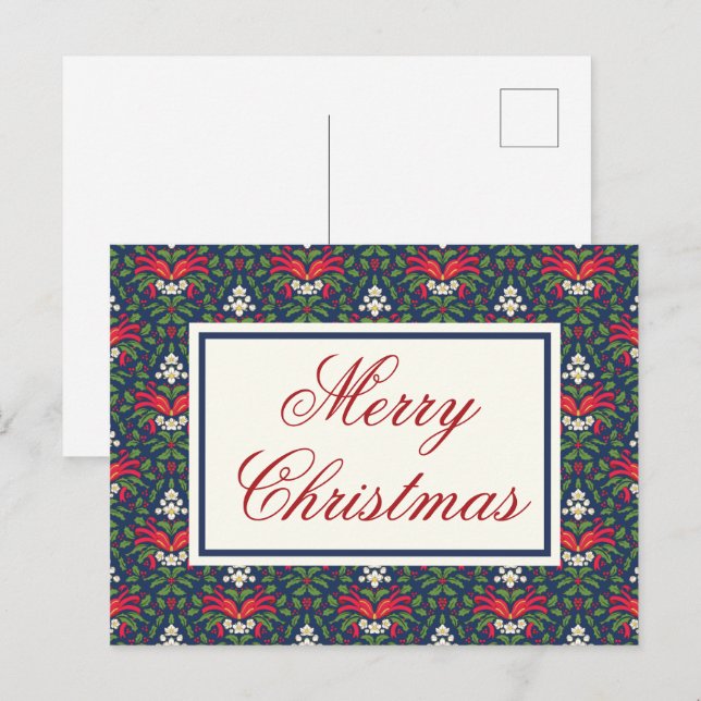 Green Holly Leaves, Red Berries and Red Bow Holiday Postcard (Front/Back)