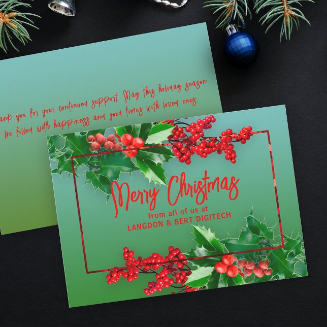 Green Holly Leaves Red Berries Business Christmas Holiday Card (Creator Uploaded)
